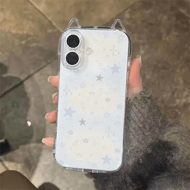 Coque de téléphone 3D avec oreilles de chat et étoile bleue, étui arrière Anti-chute pour iPhone 17 Pro Max Air X XR XSMax 7 8 Plus 16 15 14 13 12 11 Y2K