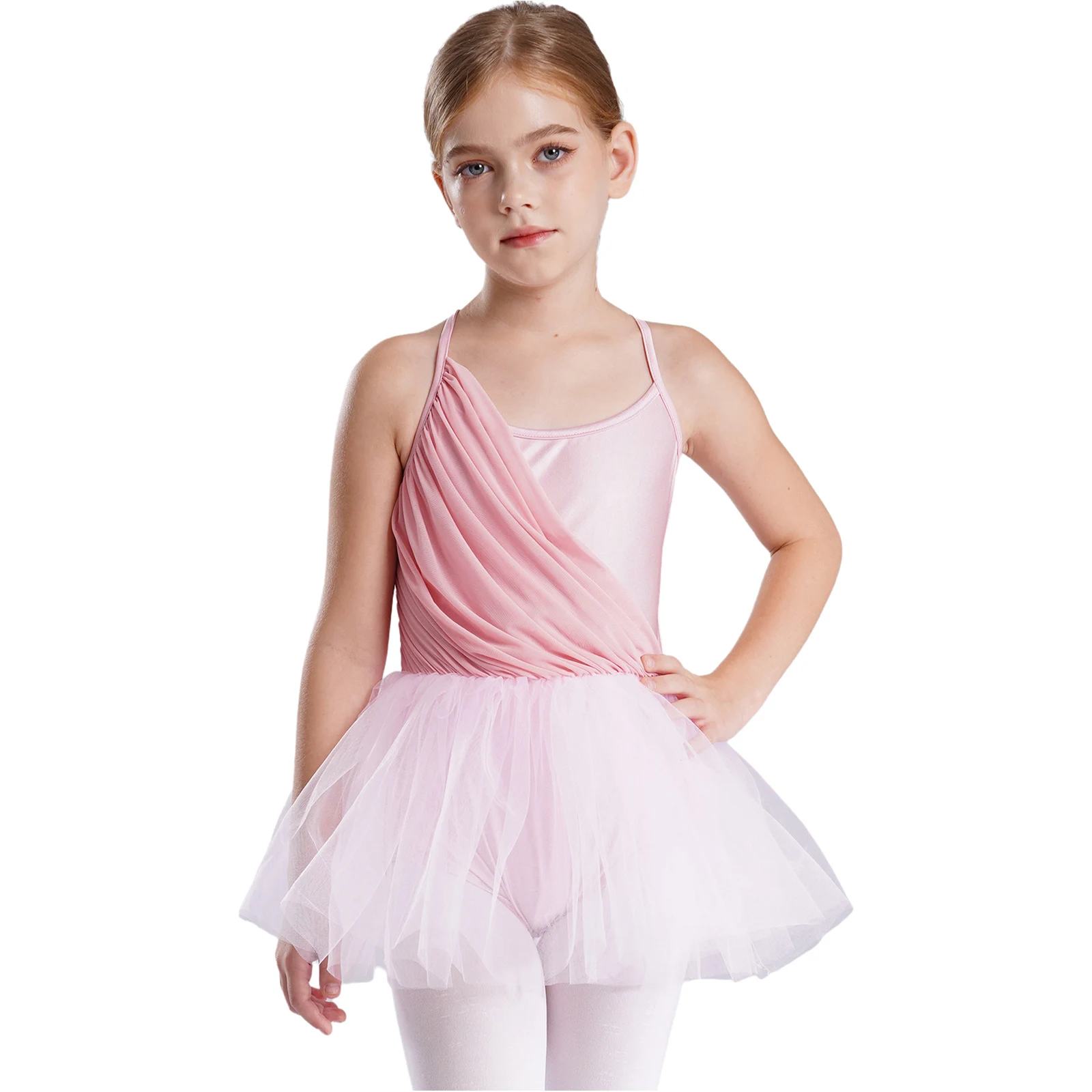 Camisola de baile de Ballet para niñas, vestido de tul con tutú, sin mangas, fruncido, espalda recortada, gimnasia, falda, leotardo, Ropa de baile de bailarina