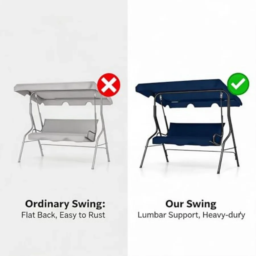 3 Seat Outdoor Porch Swing with Adjustable Canopy, Patio Swing Chair with Stand, Metal Frame, Thick Cushions, 500 lb Capacity,