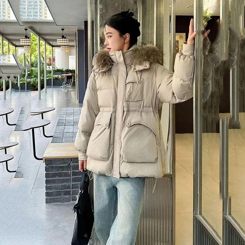 冬暖かい天然大型毛皮襟フード付きダウンジャケット女性巾着ジッパージャケット女性ホワイトダックダウンパーカー上着