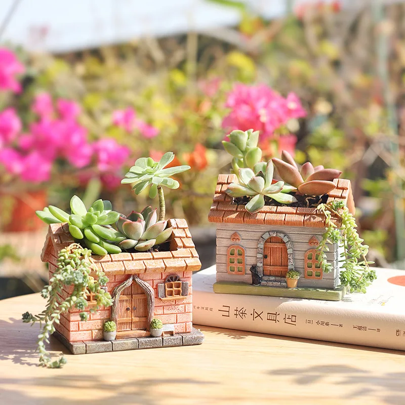 Brick House Succulents Plants Pot, Creative Farmhosue Planter for Mini Bonsai Fairy Garden Ornaments Home Tabletop Decoration