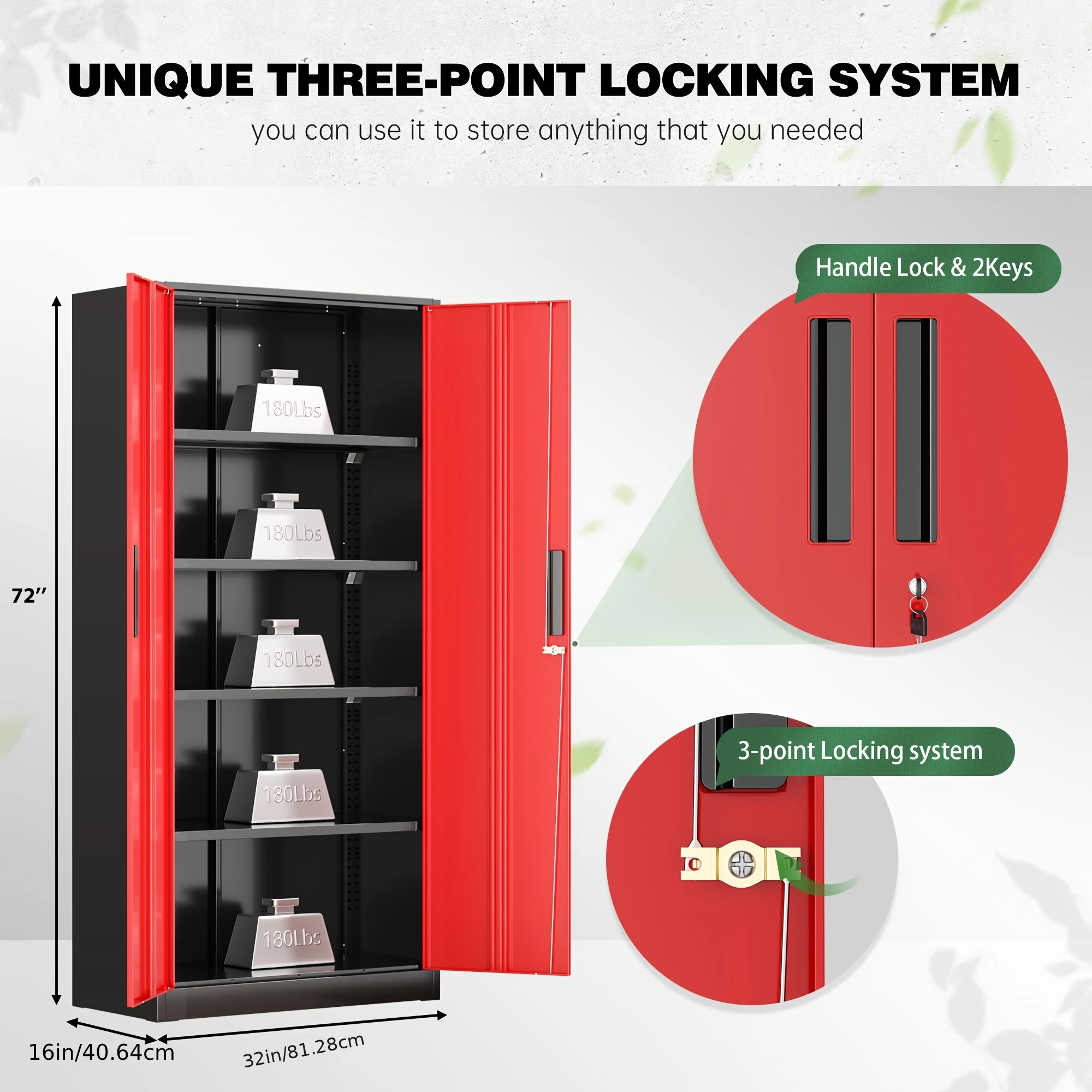Metal Garage Storage Cabinet, Steel Floor Mount with 2 Doors, 4 Adjustable Shelves, Locking, Painted Finish, Assembly Required