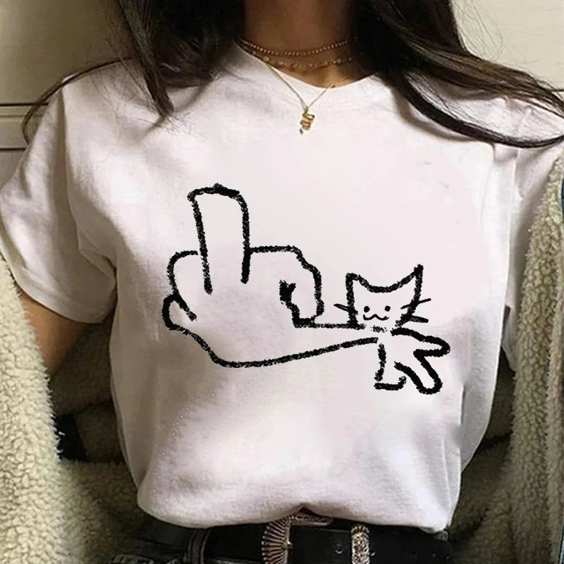 

Women Clothing Fashion Personality New Summer Arrival: Stylish T-shirt with A Pixelated Cat Design and A Middle Finger Graphic.