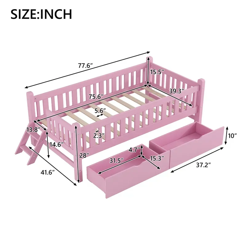 Pink Kids Loft Bed with Storage Drawers and Ladder Space Saving Bedroom Furniture for Children