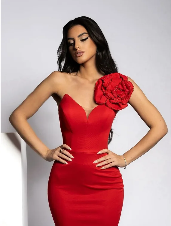 2024 Spot Single Shoulder Rose Decoration Red Fashion Sexy Dress Wedding Dress Birthday Party Clothing