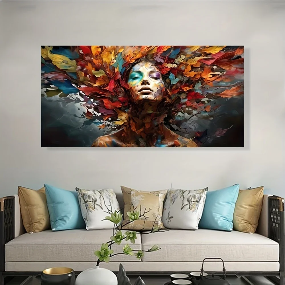 Modern Abstract Woman Poster, Energetic Female With Colorful Flowers, Living Room, Bedroom, Hallway,Home Decor,No Frame