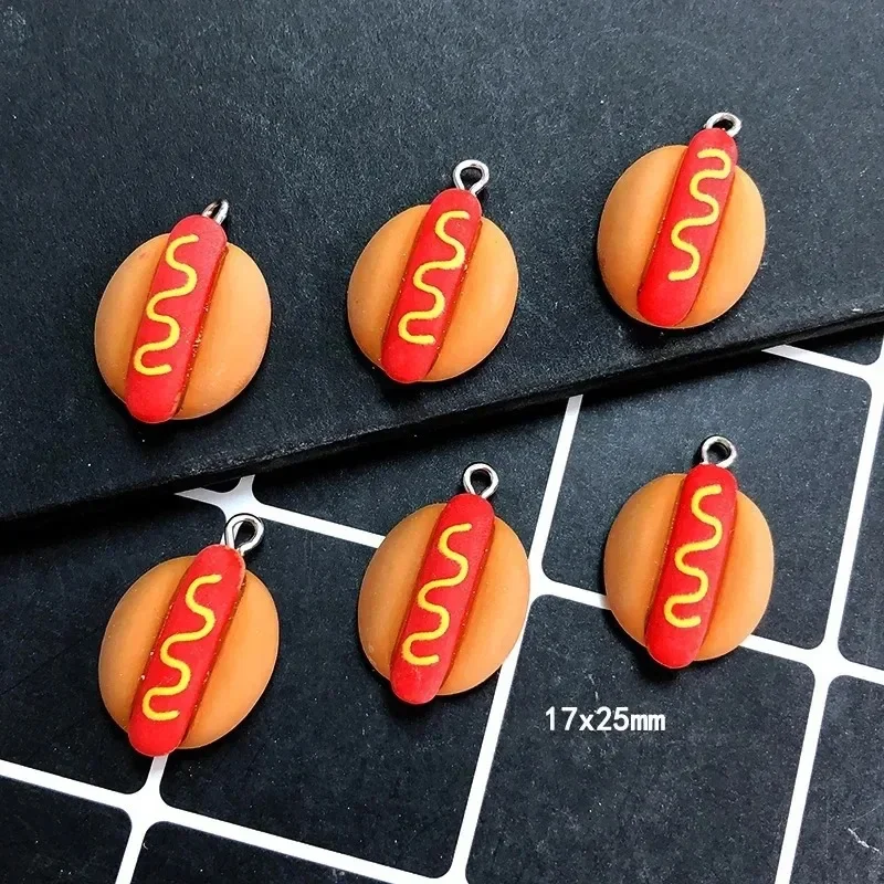 10Pcs Cute Fast Food Resin Charms, Mini Simulation Hot Dog Burger Ham Sausage Pendants for DIY Earrings Keychains Crafts