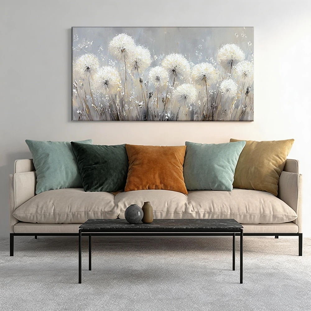 Cuadro de lienzo con marco de madera maciza de gran tamaño, 1 pieza, pintura de dientes de león, tonos suaves.