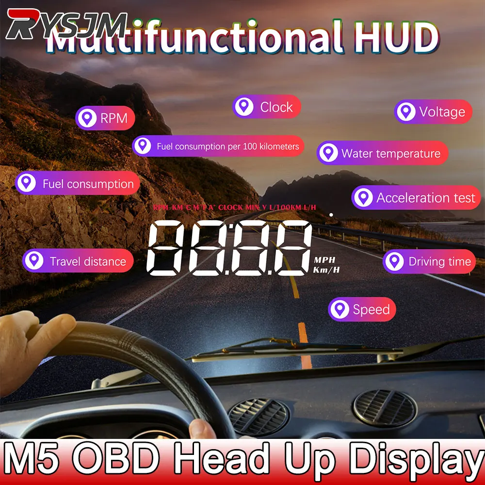 M5 OBD2 HUD Head Up Display On-board Computer Windshield Projector Car Digital Display Speedometer Tachometer Water temperature