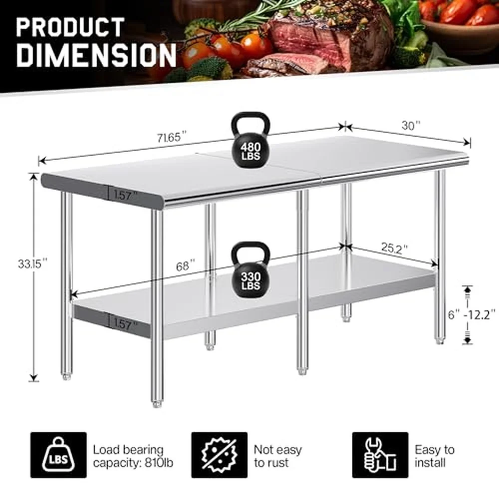30 x 72 Inch Stainless Steel Work Table Anti Cut Rounded Edge