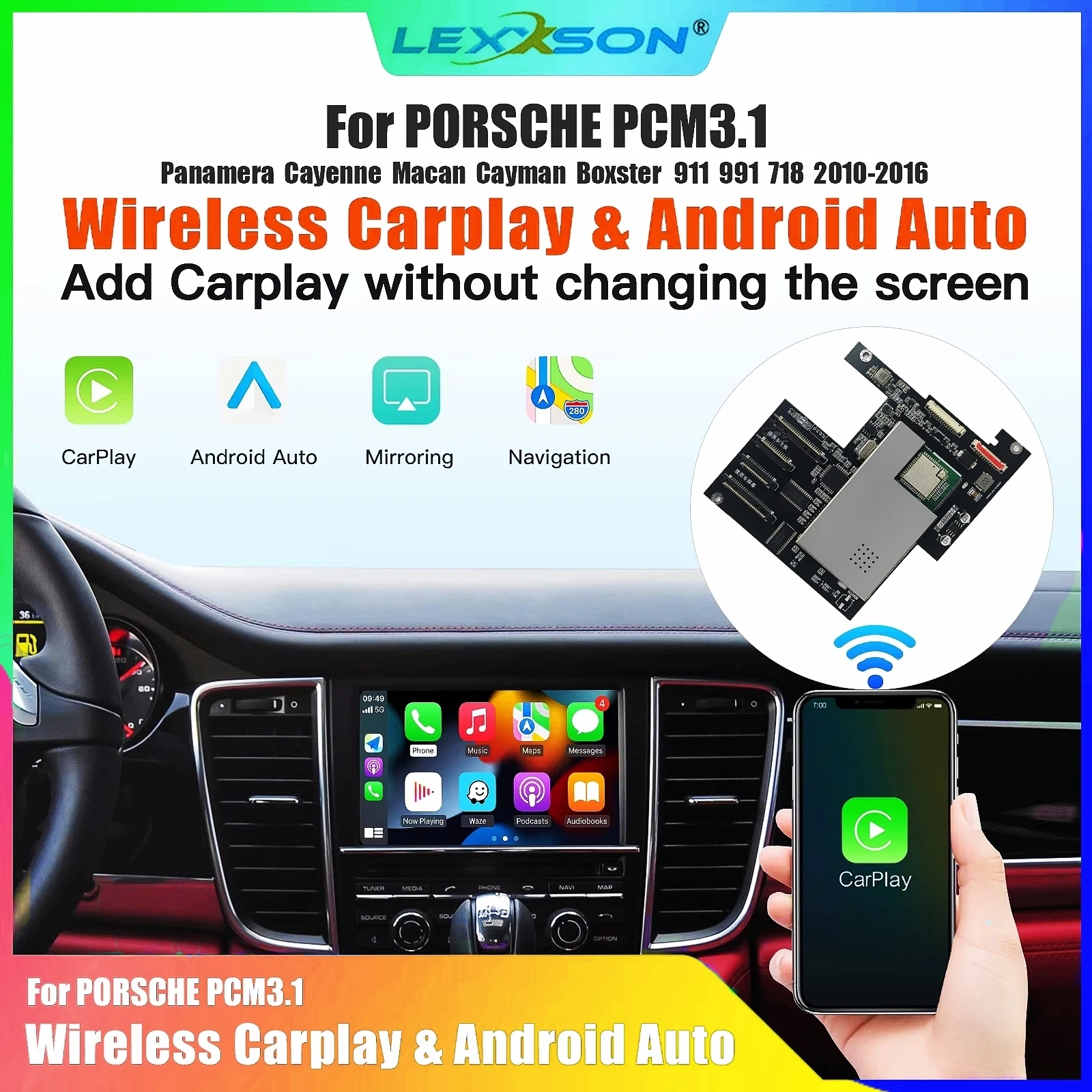 Módulo Wireless Carplay Android Auto para Porsche PCM3.1 Panamera Cayenne Cayman Macan Boxster 911 991 718 AirPlay Mirror Link