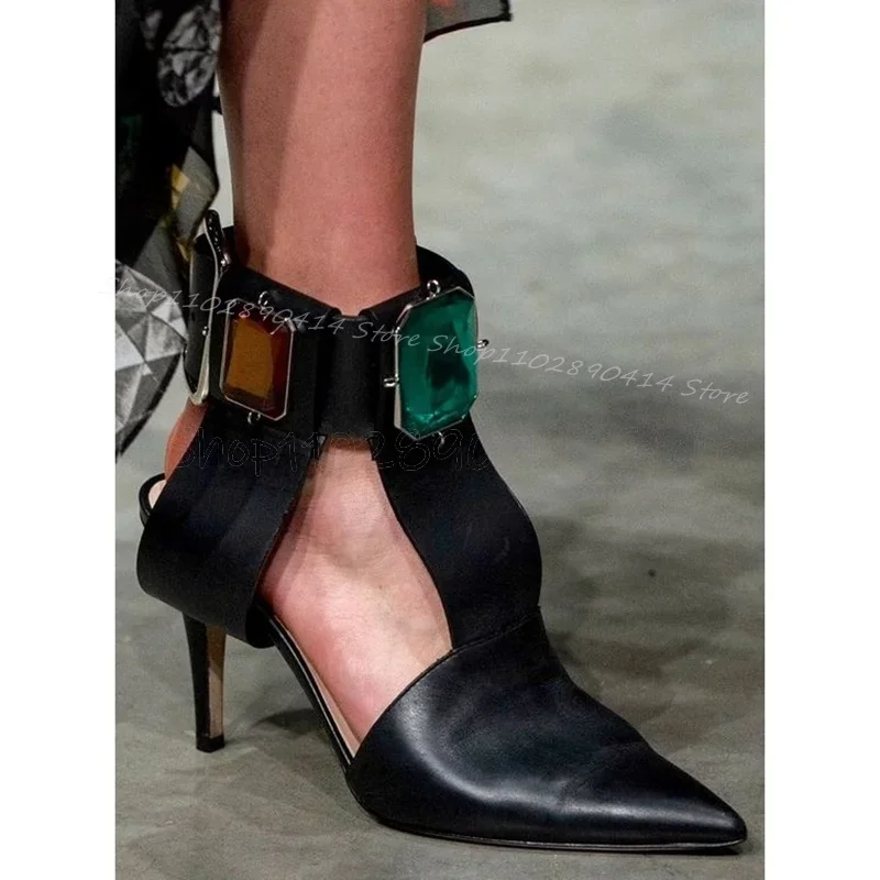 

Colorful Crystal Decor Black Cut Heel Pumps Ankle Buckle Strap Women Shoes Thin High Heels Pointed Toe 2024 Zapatos Para Mujere