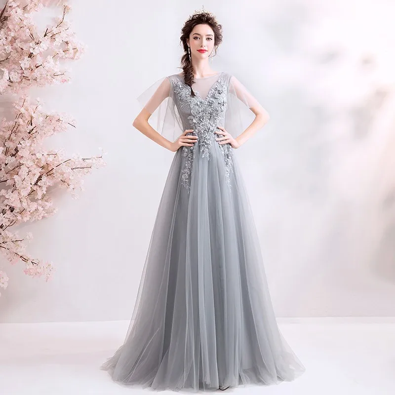 LIYYLHQ 3D Flowers Appliqued Women Dress Long Prom Dress Grey Pearls Beading Evening Dress Sexy Party Maxi Dress Customized