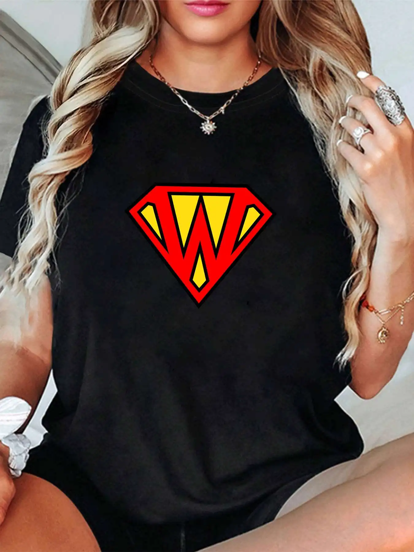 

【1141934】Plus size women's round neck short sleeve T-shirt with elastic half sleeves and trendy prints