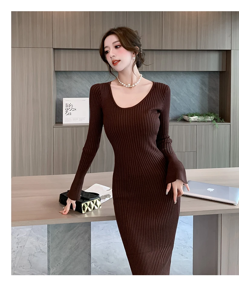 Langes Strickkleid für Damen 2026 Herbst Winter Neuerscheinung Langes Kleid mit Trompetenärmeln und V-Ausschnitt Koreanischer Stil Modisches Damenkleid – Detail 30