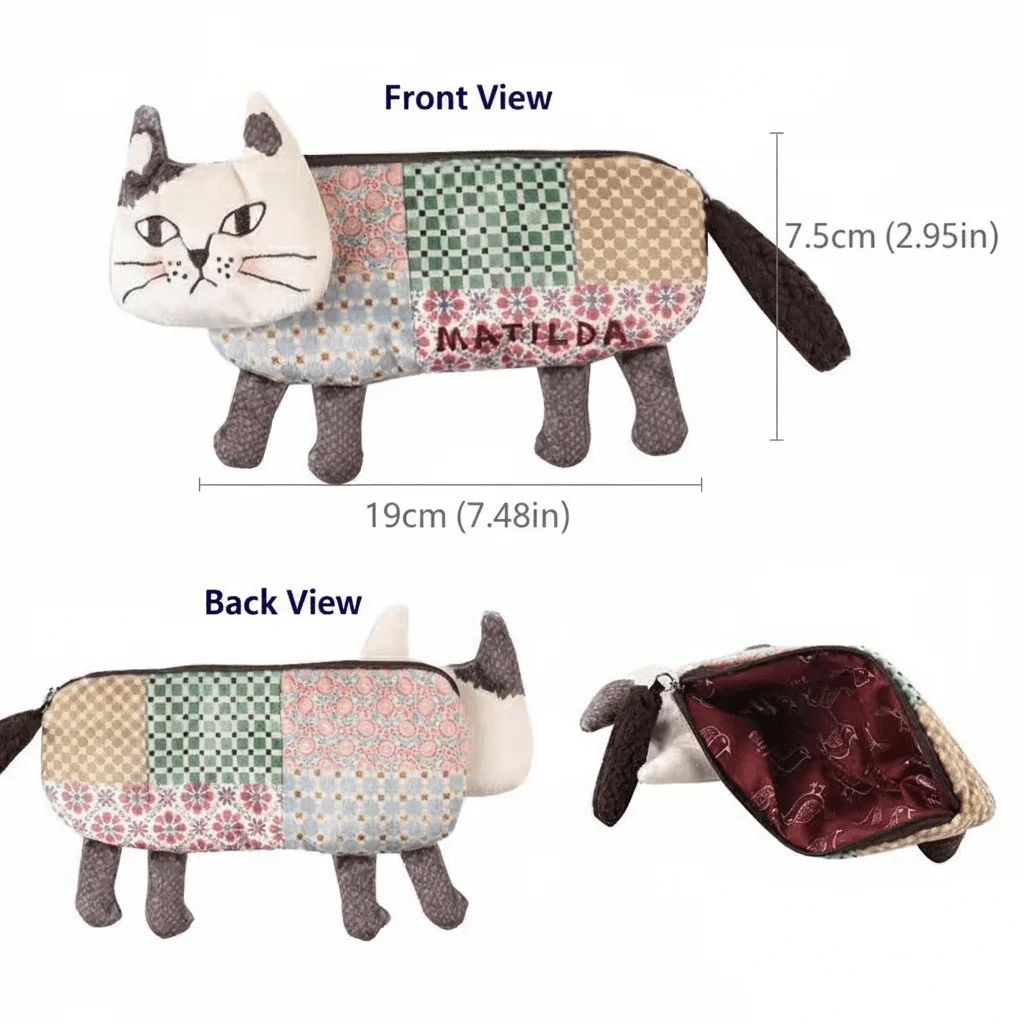 Cute Cat Face Quilted Pen Bag Soft Kawaii Fabric Pencil Storage Case Makeup Brush Pouch Desktop Stationery Cosmetic Organizer