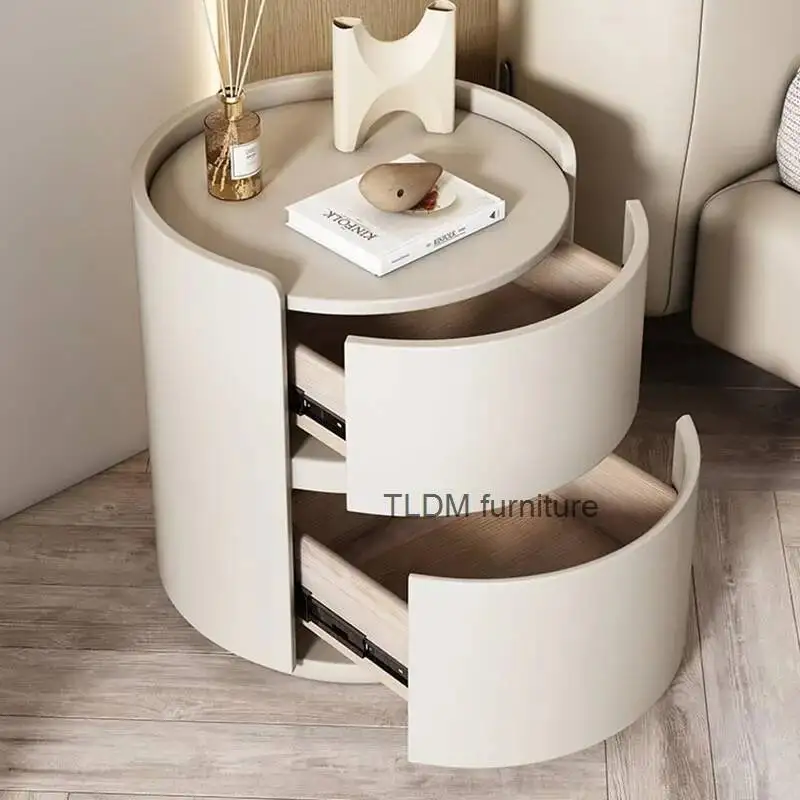 

PU Leather Round Nightstand Cream Style Design Nordic Bedside Table Unique Modern Luxury Mesa De Noche Bedroom Furniture WKNS