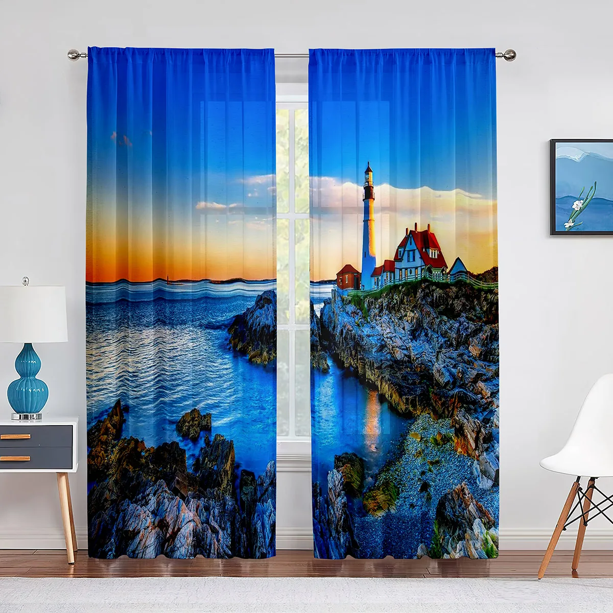 Lighthouse Sunrise Sea Coast Scenery Sheer Voile Curtain for Living Room Bedroom Kitchen Modern Tulle Window Curtain Home Decor