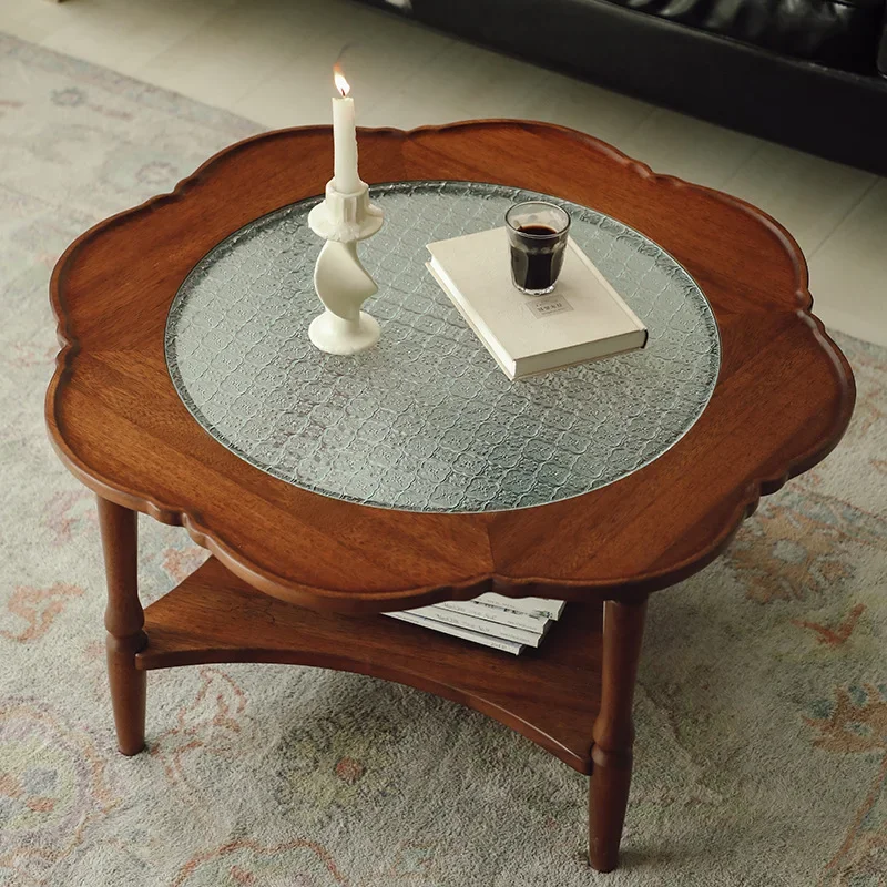 Lace coffee table small apartment double-layer round table combination living room Changhong glass small round table solid wood