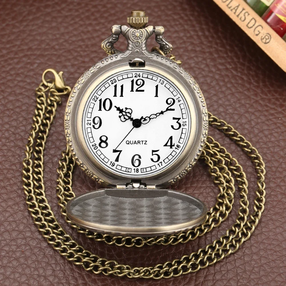 Ancient Carriage Pocket Watch Fob Chain Necklace Watch Train Horse Engrave Flip Bronze Locket Watch Hour Time Clock