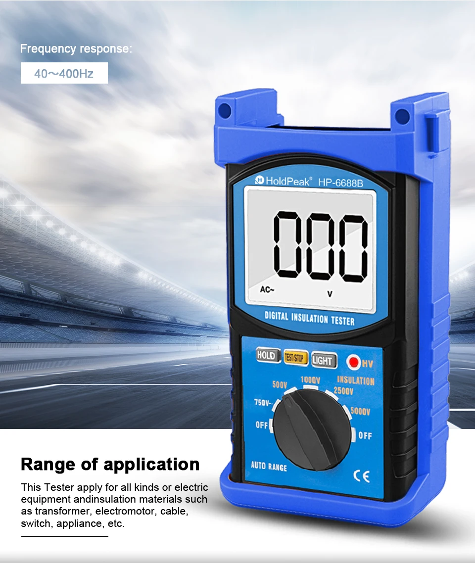 

Insulation Resistance Tester 500-5000V Megohmmeter 200GΩ AC750V with LCD Backlight