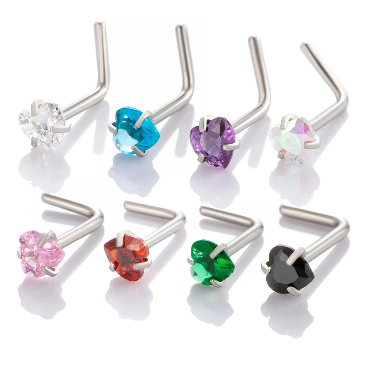 1Piece 20g Stainless Steel L Shape Nose Piercing Jewelry Simple 3mm Love Heart Colorful Cubic Zirconia Nose Stud For Women