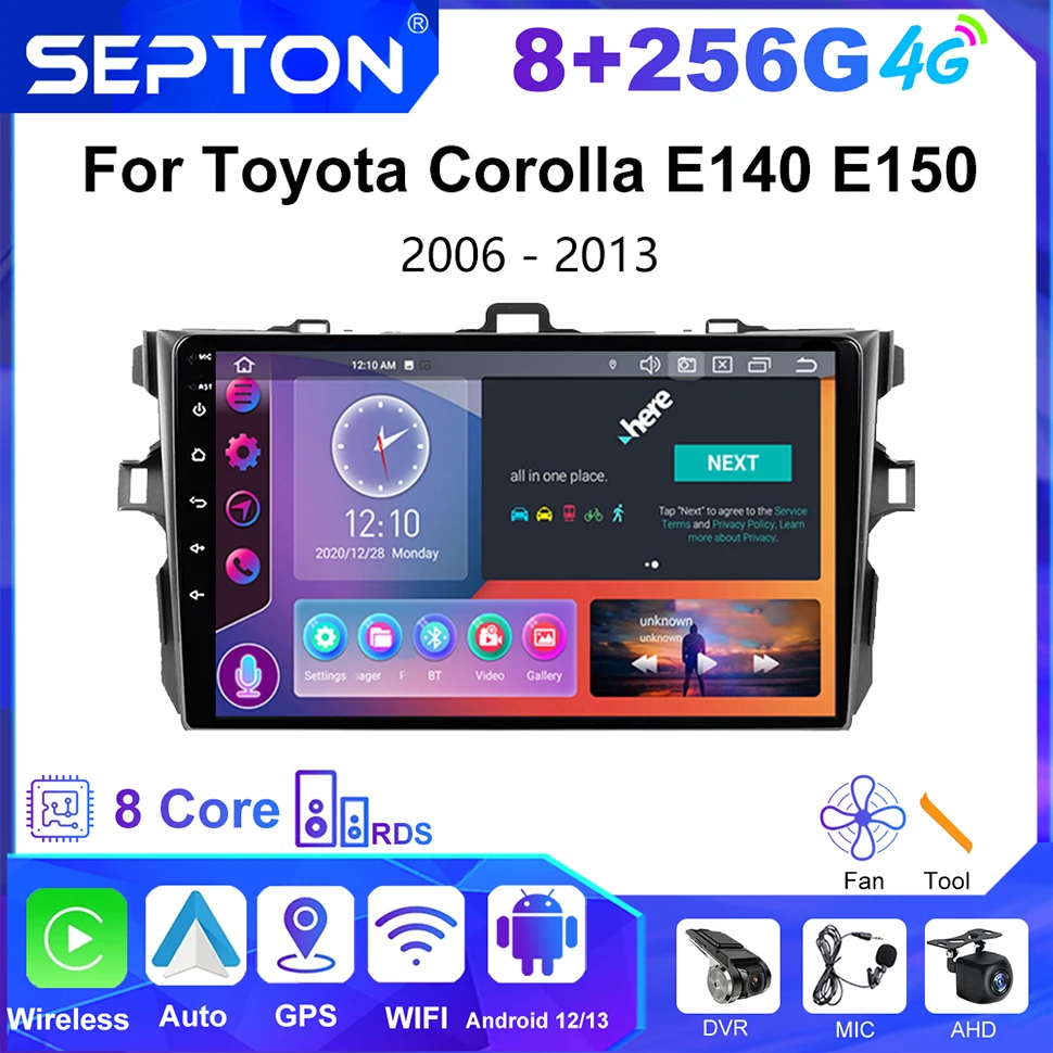 

SEPTON 2din Car Stereo Radio for Toyota Corolla E140 E150 2006-2013 9" Android Multimedia Video Player Carplay 4G GPS Head Unit