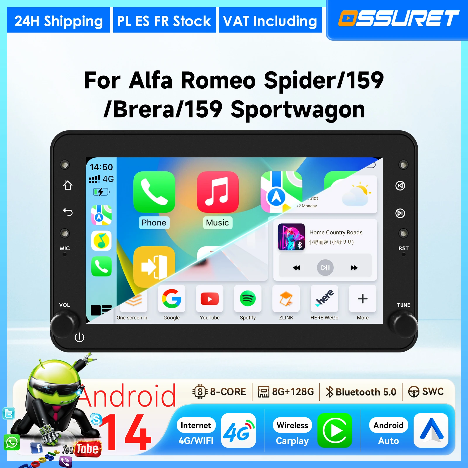 Systèmes intelligents de voiture Android 2DIN Carplay pour Alfa Romeo 159 Brera Spider Sportwagon, autoradio 7862 Octa Core, lecteur multimédia avec ventilateur de refroidissement, unité principale