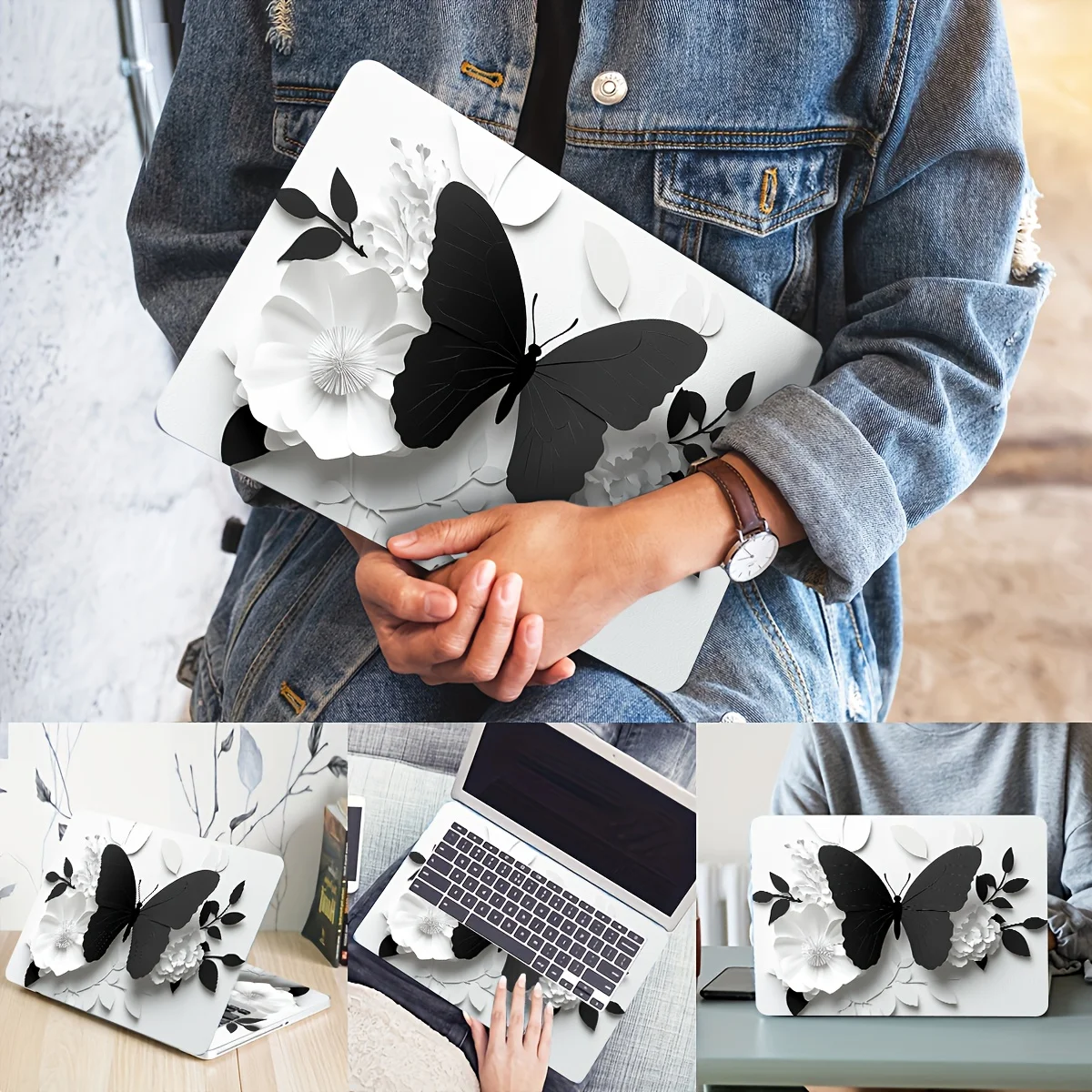 

Butterfly flower art laptop film, seamless easy-to-stick adhesive protective cover, universal light beige mesh cover, disposable