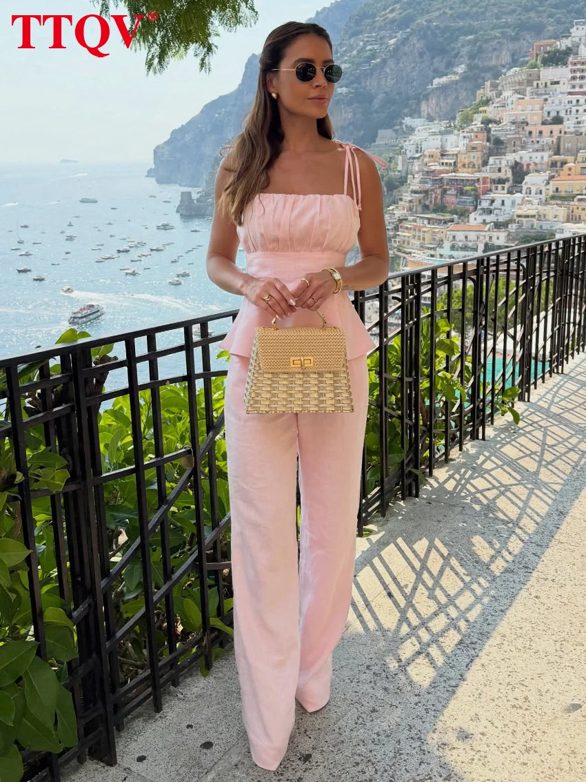 

TTQV Summer Slim Pink Cotton 2 Pieces Set Women 2026 Sexy Sleeveless Tank Top With High Waist Wide Pants Set Female Clothing