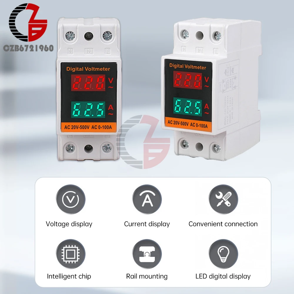 AC 50-500V 0-100A Digital Voltmeter Ammeter Din Rail Adjustable Over and Under Voltage Current Protective Device Volt Protector