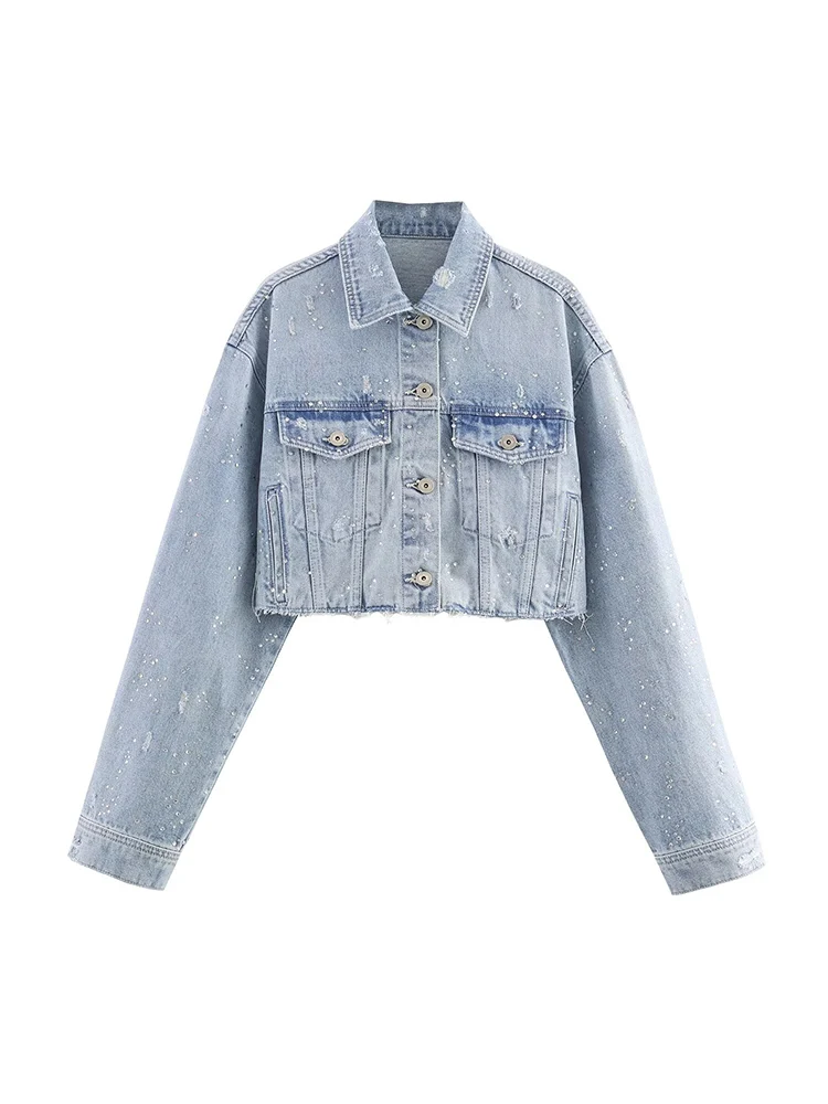 

Новая женская модная и универсальная короткая джинсовая куртка в европейском стиле с украшениями из стразов.
