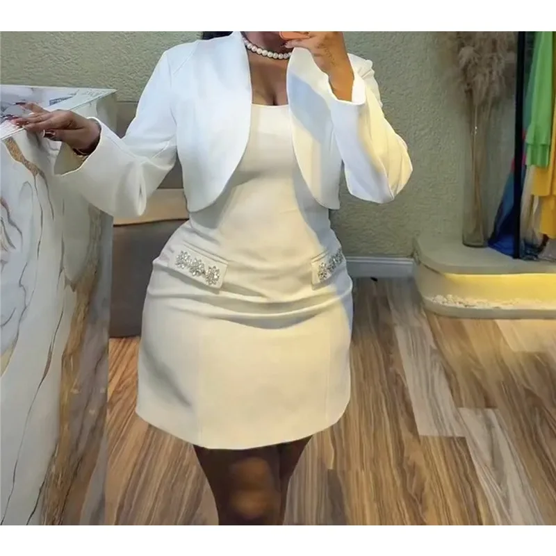 

Elegant Women Two Piece Dress Set 2026 Spring and Autumn New Fashion Solid Color Long Sleeves Short Blazer Jacket and Dress Suit
