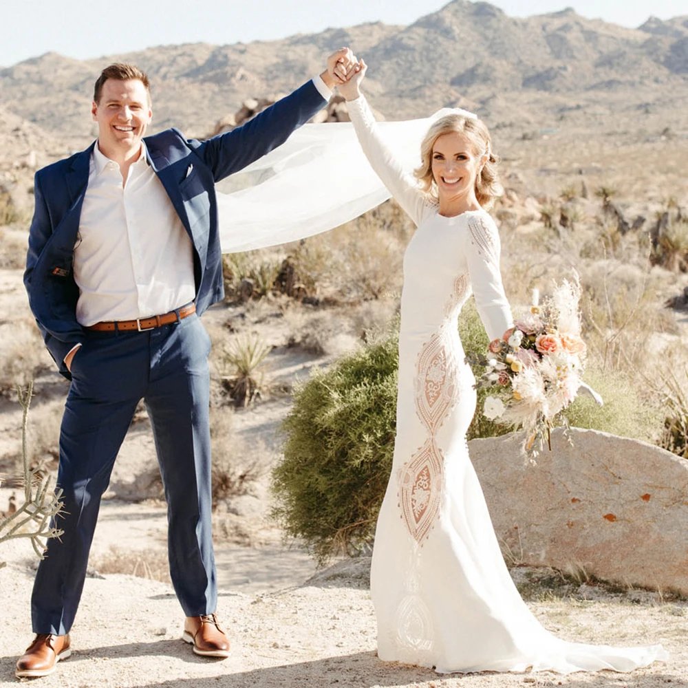 Robe de mariée en Satin avec découpe en dentelle, robe de mariée rustique, sur mesure, à manches longues, dos nu, avec des Appliques au cou de Bateau