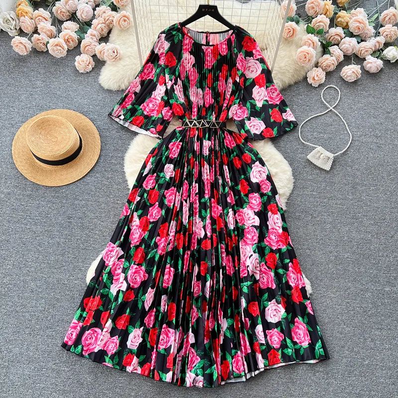 

Retro high-end printed round neck short sleeved dress for women's casual loose tie up pleated Dress