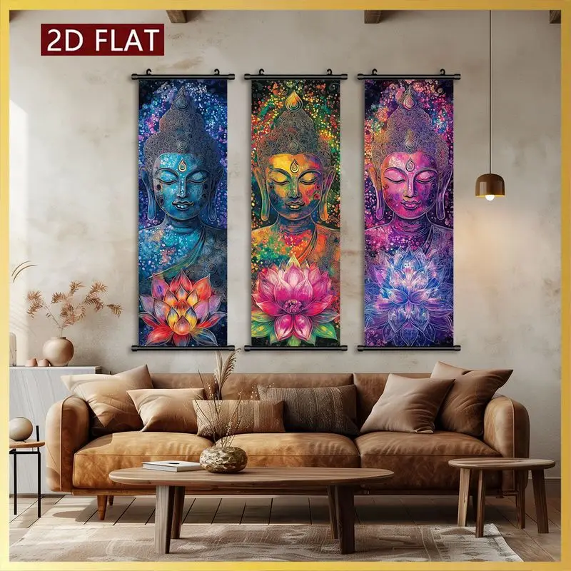 VIKAMA Chakra Buddha Statue Lotus Scroll Tapestry, Sacred Lotus Bohemian Vertical Wall Hanging, Home Decor Backdrop