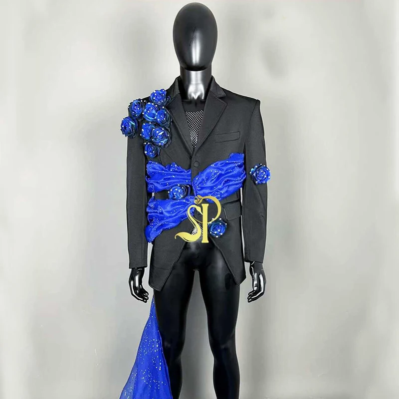 

Men Singer Jazz Dance Suit Black Irregular Flower Jacket Nightclub Ds Dj Gogo Dancer Costumes Stage Performance Outfits XS8150