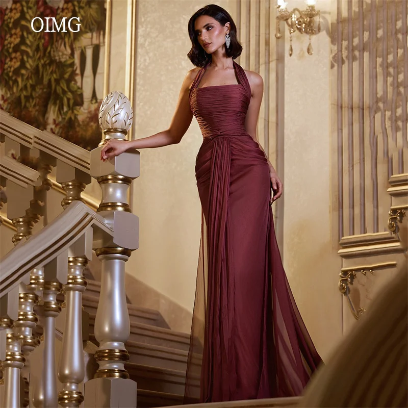 

OIMG Glamorous Halter Mermaid Prom Gowns Chiffon Backless Party Gown Floor Length Evening Dress vestidos de gala Customized