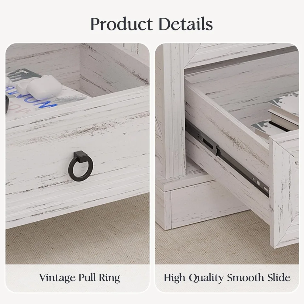 Mesa de centro de madeira estilo fazenda com 4 gavetas, peça central de armazenamento para sala de estar em nogueira branca antiga 47,2