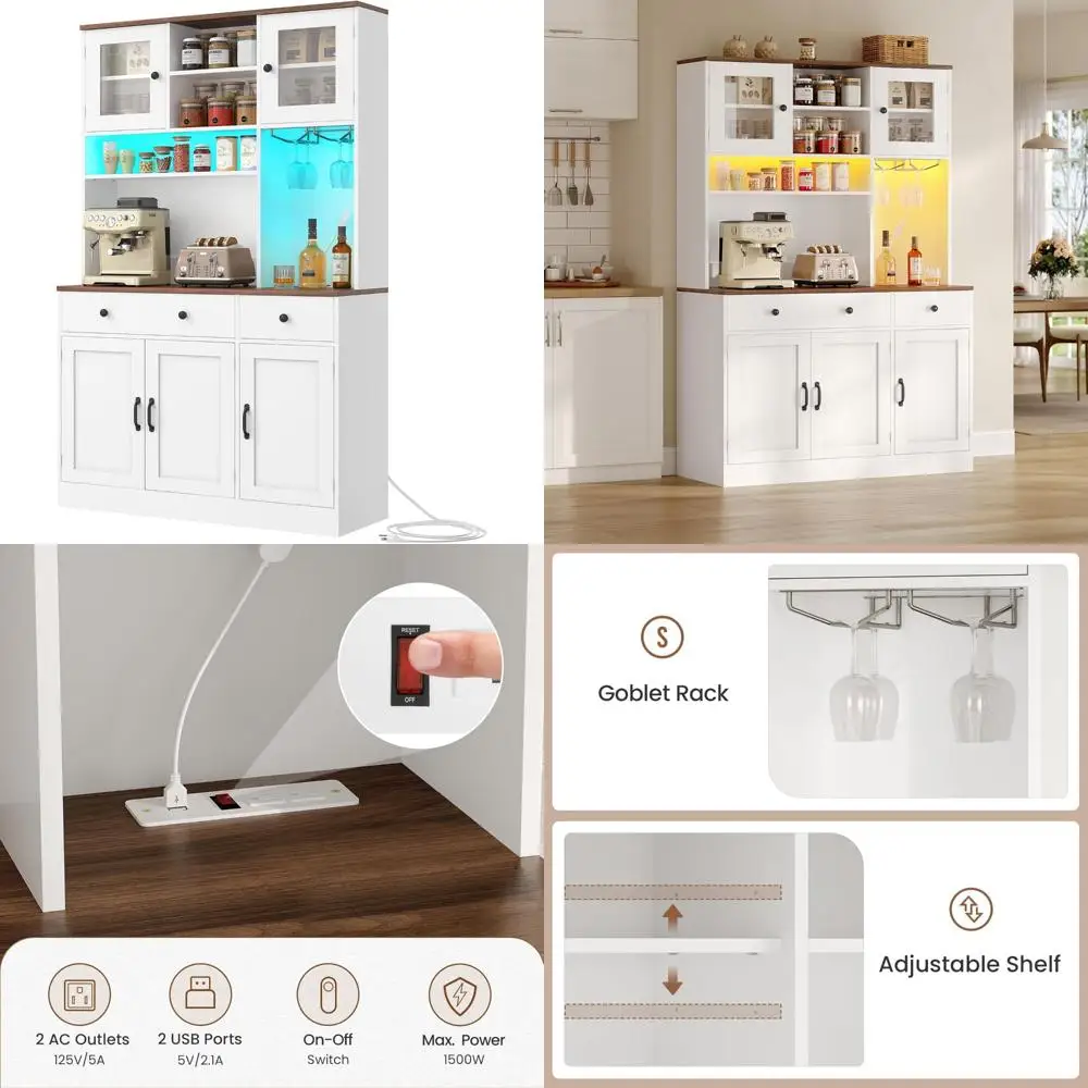 Farmhouse Style 72-Inch Buffet Cabinet with Storage, Charging Station, and Compartment Drawers