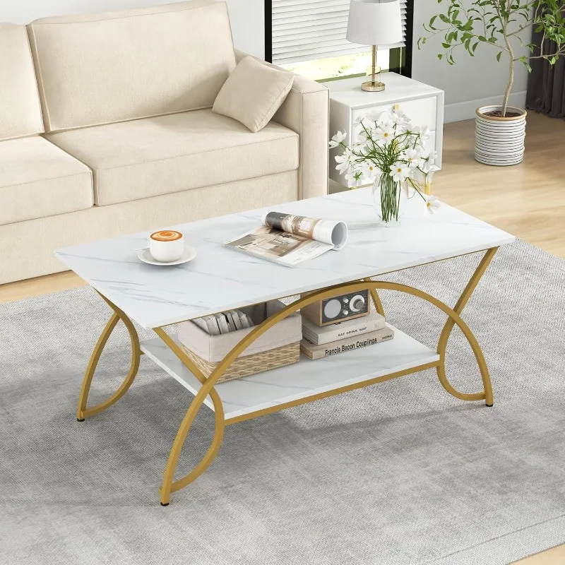 2-Tier Modern Faux Marble Accent Table with Storage and Gold Finished Metal Frame, Chic Rectangular End Table