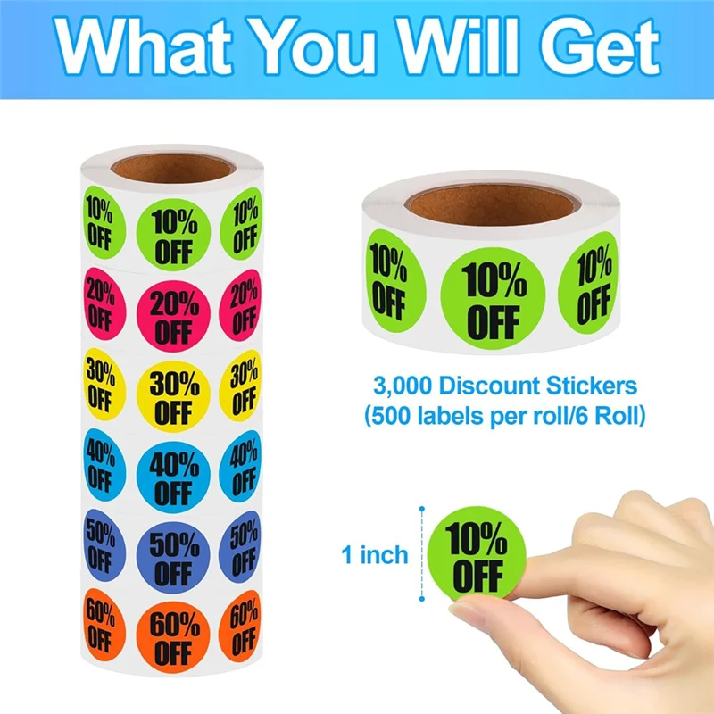 Well Made-1 Inch For Retail Store Sale, 6 Rolls Of 3000 Pieces Sticker Adhesive Labels 10 To 60 Percent Off Labels