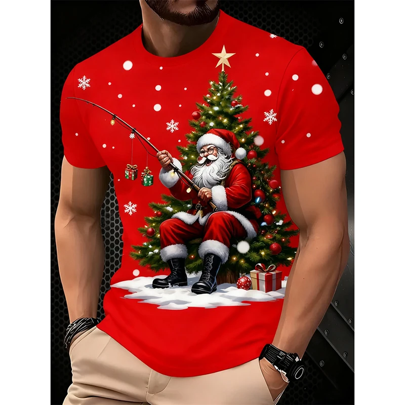 

Santa Claus Fishing Design Christmas T-shirt For Men Fishing Hobby Sport O-neck Short Sleeve T Shirts Outdoor Casual Xmas Tee