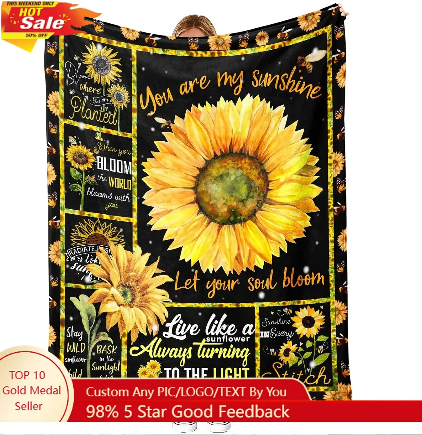 Sunflower Flannel Blanket  Inspirational “You are My Sunshine” Throw Let Your Soul Bloom Quote Blanke Custom blankets