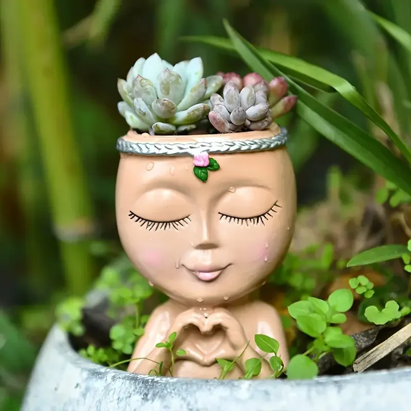 Heart‑Handed Girl Resin Succulent Planter Lady Head Plant Pot for Chlorophytum Green Plants Home Desktop Balcony Tabletop Decor