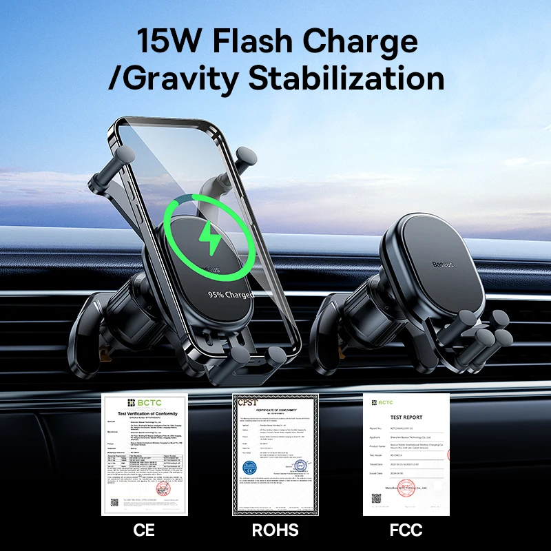 Baseus 15W Car Phone Holder Wireless Charging Stand Air Vent Gravity Telephone Mount for iPhone 14 Samsung Xiaomi Mobile Support