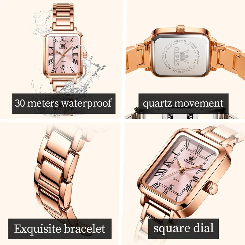 OLEVS женские наручные часы элегантные квадратные ретро женские часы с автоматической датой водостойкий стальной ремешок розового золота кварцевые часы 5641