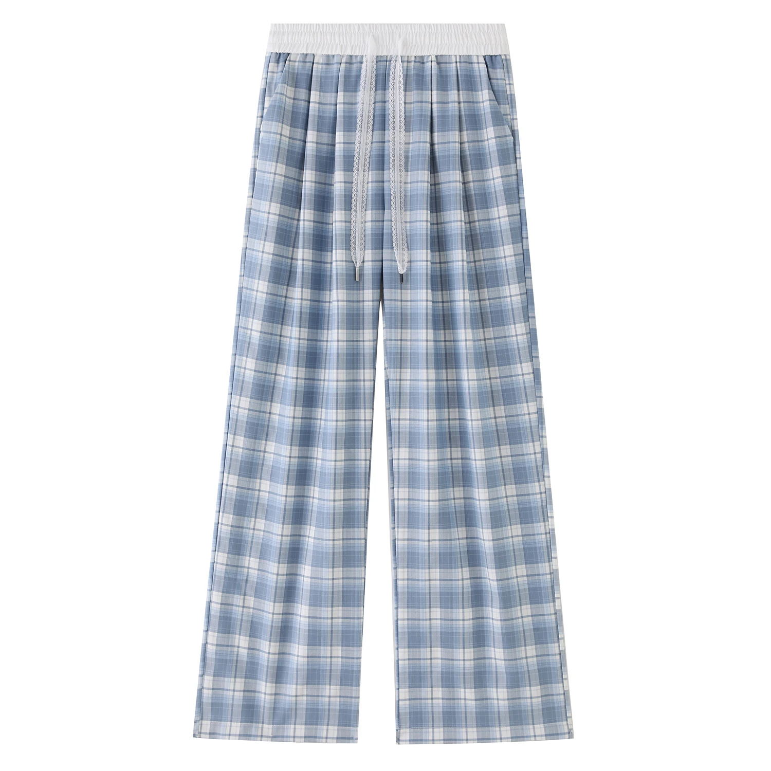Woman Summer Plaid Pants Women Lace Drawstring Wide Leg Trousers Female Casual High Waist Checkered Pants P13