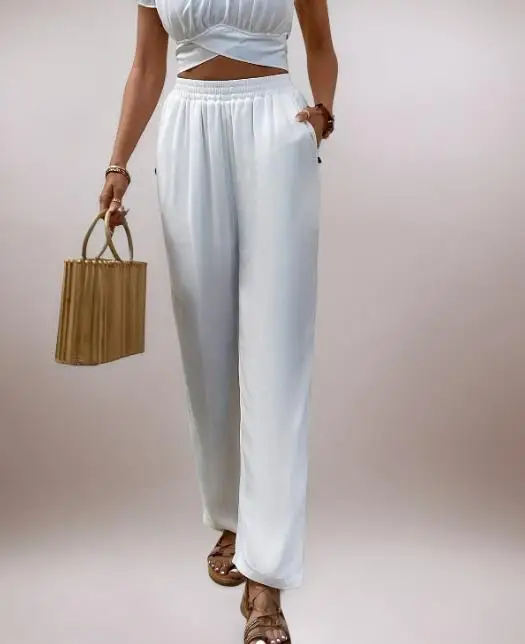 

Slim Fit Women's Pants Summer New Style Solid Color Simple Casual Daily Versatile High Waisted Cropped Pants Straight Leg Pants