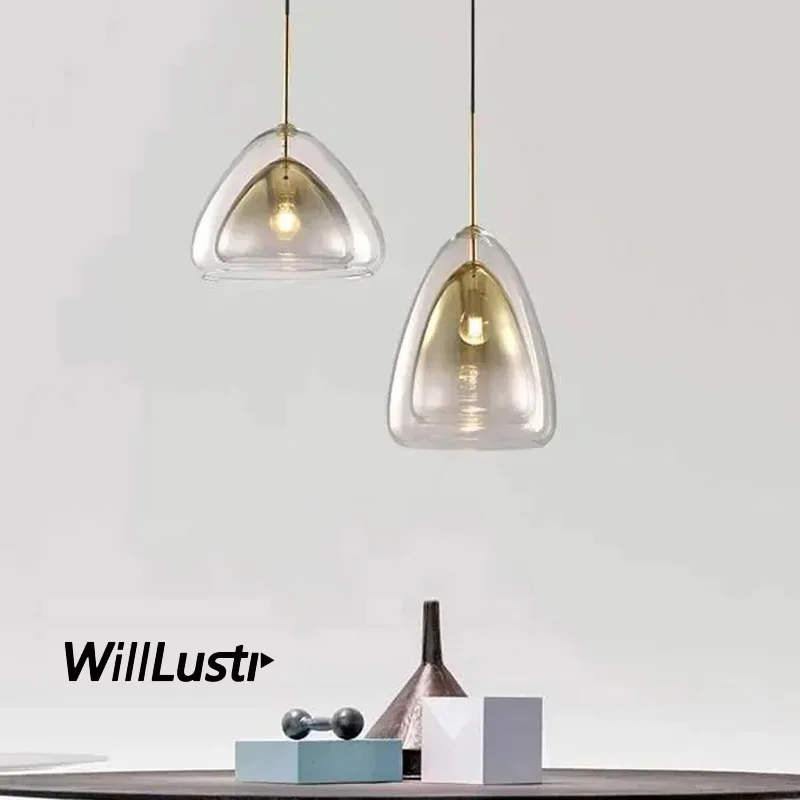 Double Glazing Glass Onion Pendant Lamp Iron Suspension Light Bar Cafe Bedside Gradient Gold Color Hanging Ceiling Chandelier